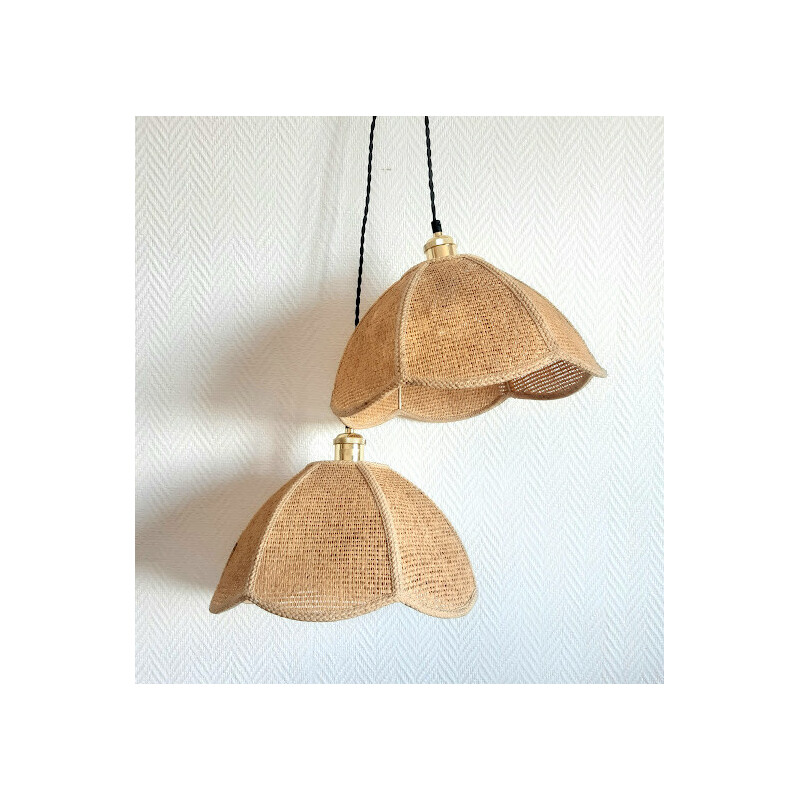 Pair of vintage corolla woven straw pendant lamps, 1970