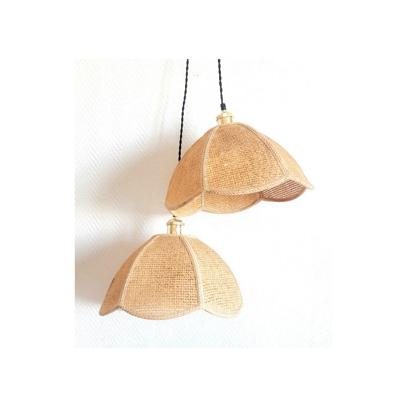 Pair of vintage corolla woven straw pendant lamps, 1970