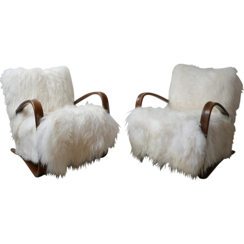 Pair of vintage H-269 sheepskin armchairs by Jindrich Halabala, Czechoslovakia 1930s