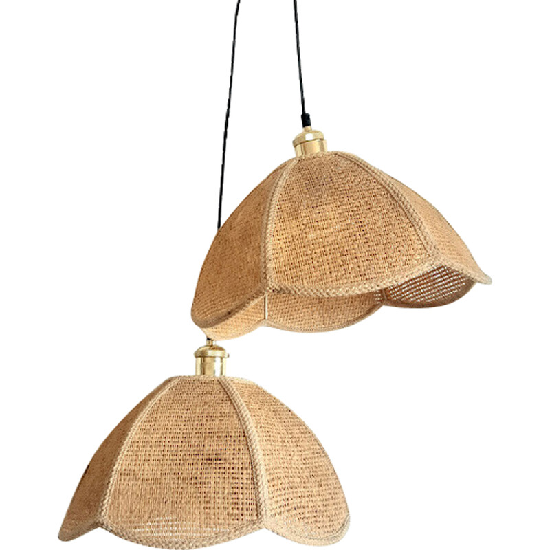 Pair of vintage corolla woven straw pendant lamps, 1970