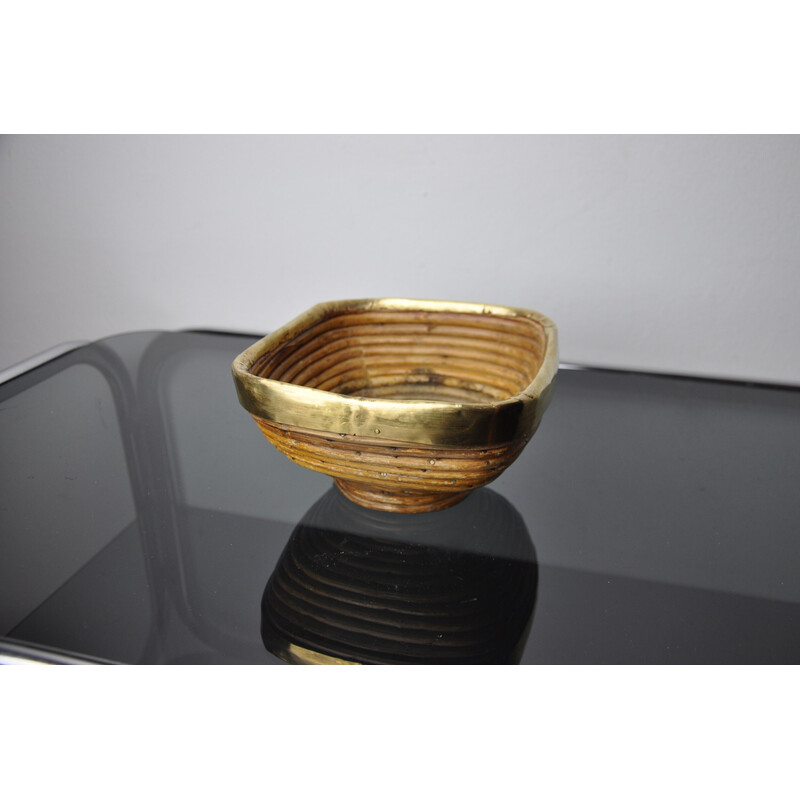 Vintage pocket tray in rattan and brass, Italy 1970