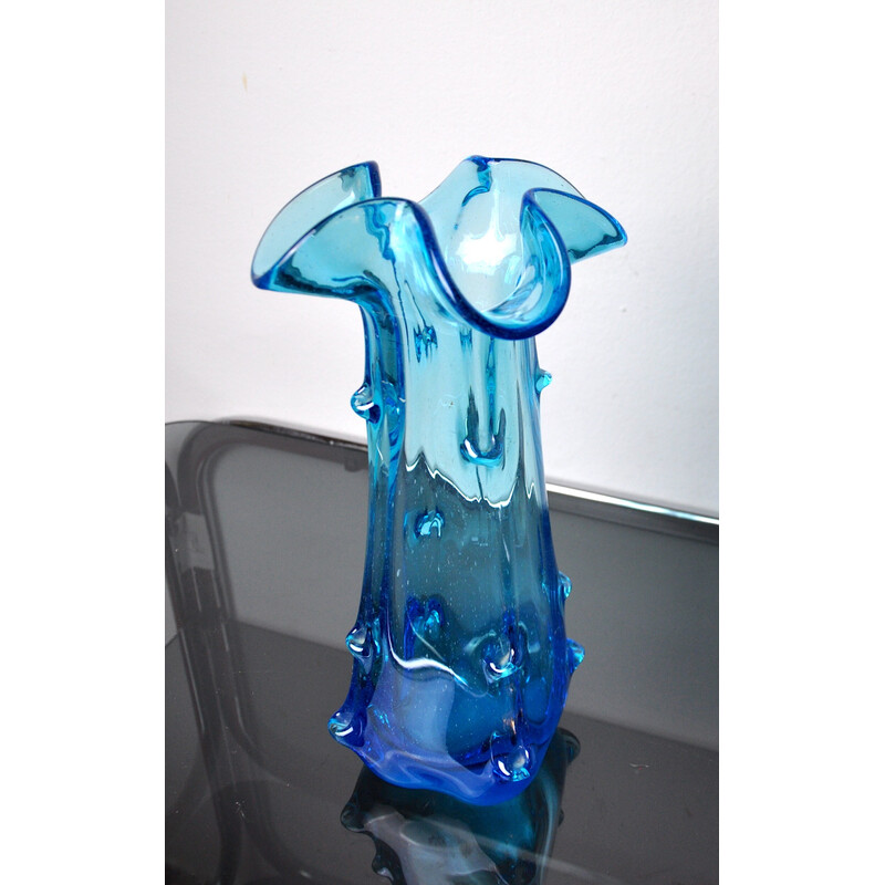 Jarrón vintage de cristal de Murano azul, Italia 1970