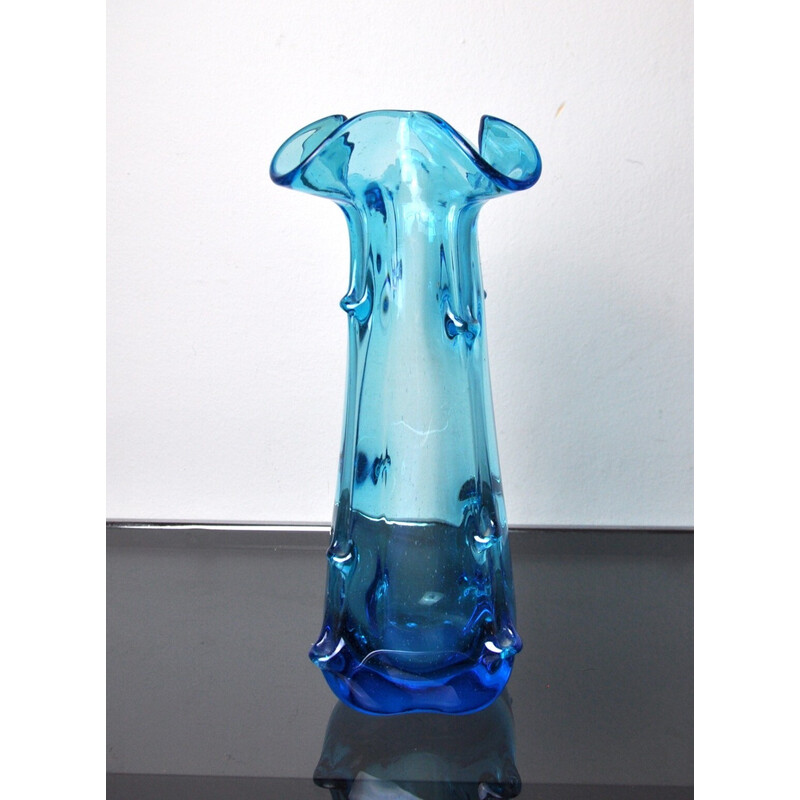 Jarrón vintage de cristal de Murano azul, Italia 1970