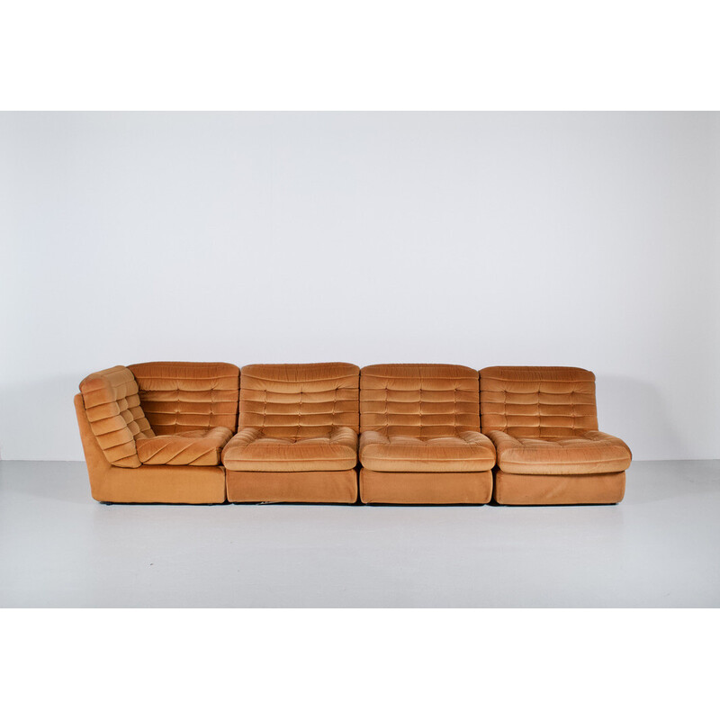 Set of 4 vintage modular armchairs in orange upholstery, 1970