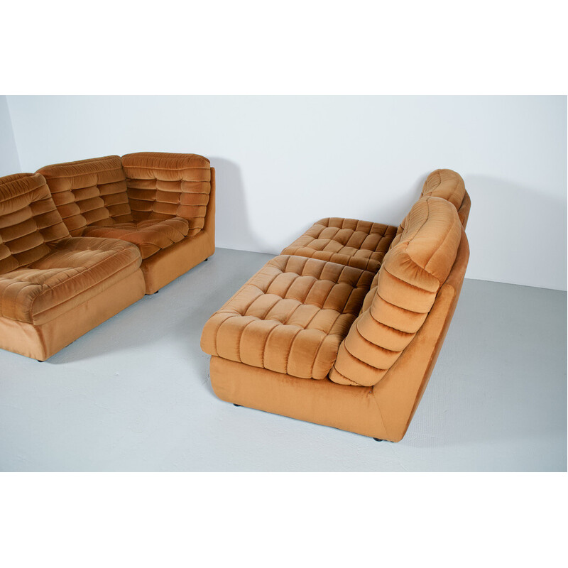 Ensemble de 4 fauteuils vintage modulables en tissu capitonné orange, 1970