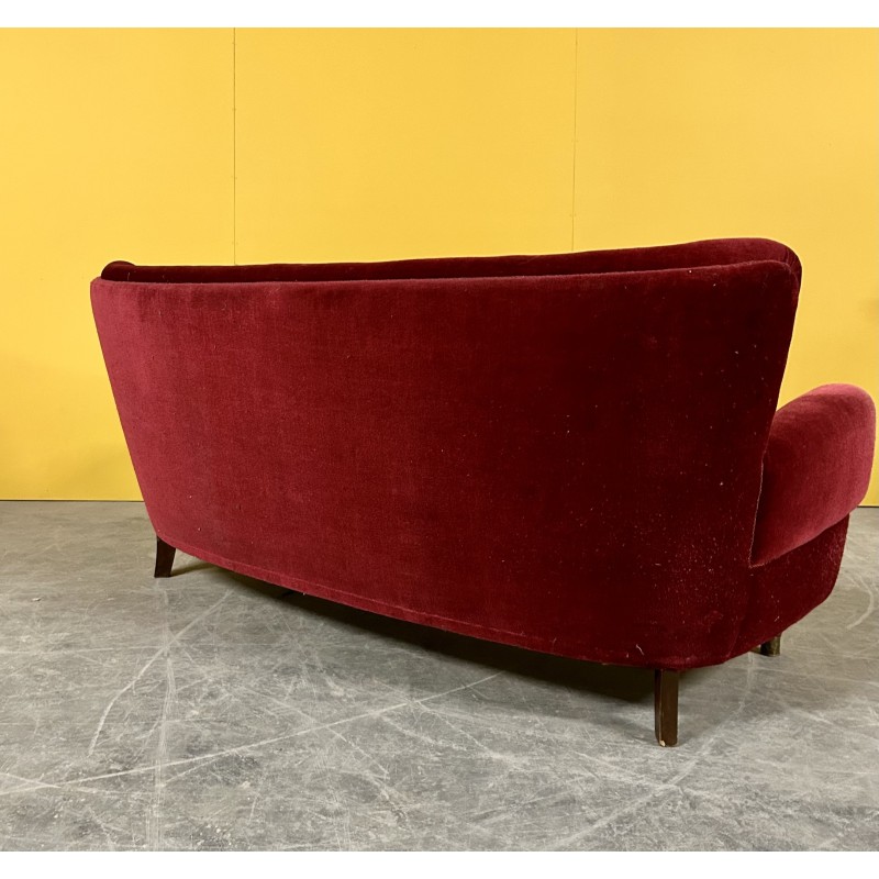 Danish vintage 3 seater red velvet curved sofa, 1940s