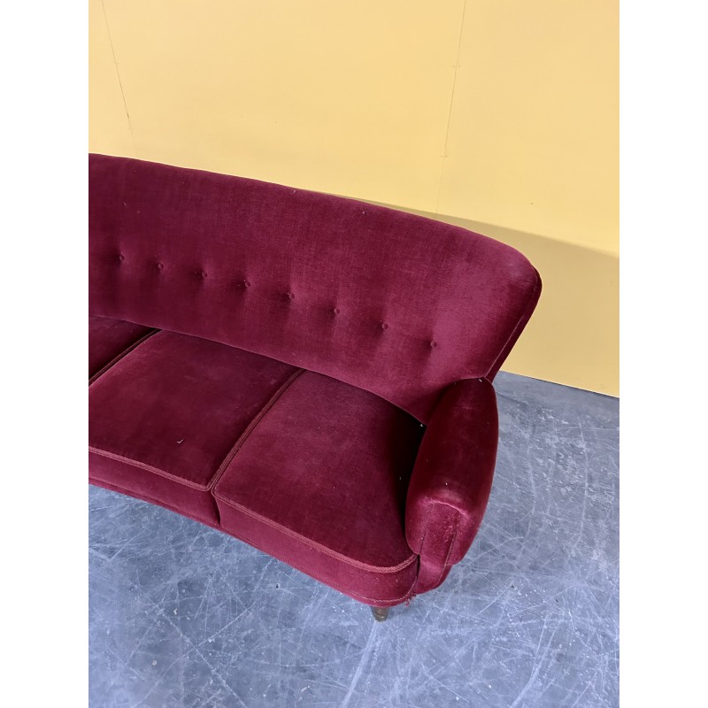 Danish vintage 3 seater red velvet curved sofa, 1940s