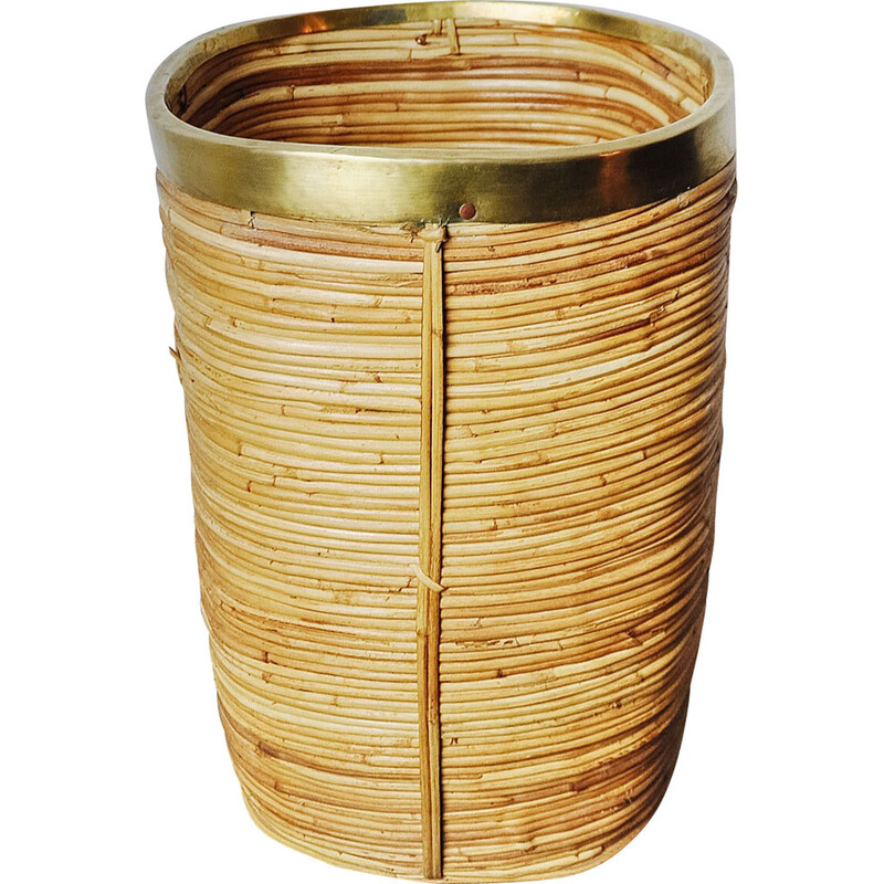 Vintage umbrella stand in rattan and brass, Italy 1970