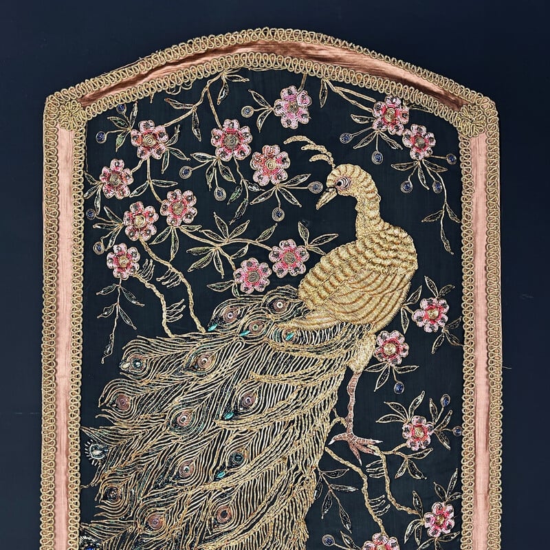 Vintage fireplace screen in metal and bead embroidery, Italy 1930-1940s