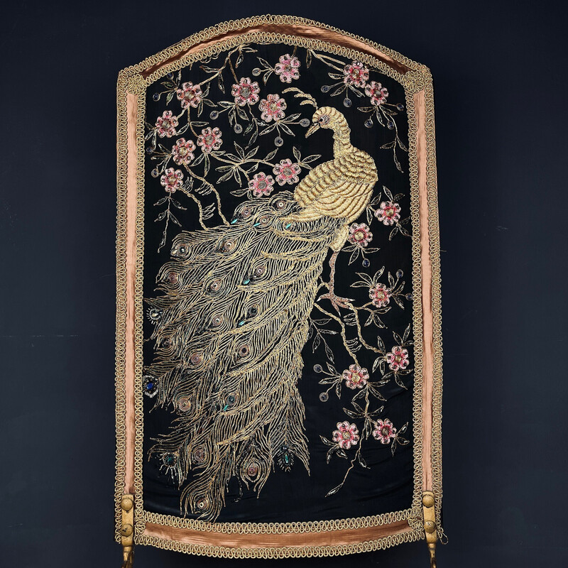 Vintage fireplace screen in metal and bead embroidery, Italy 1930-1940s