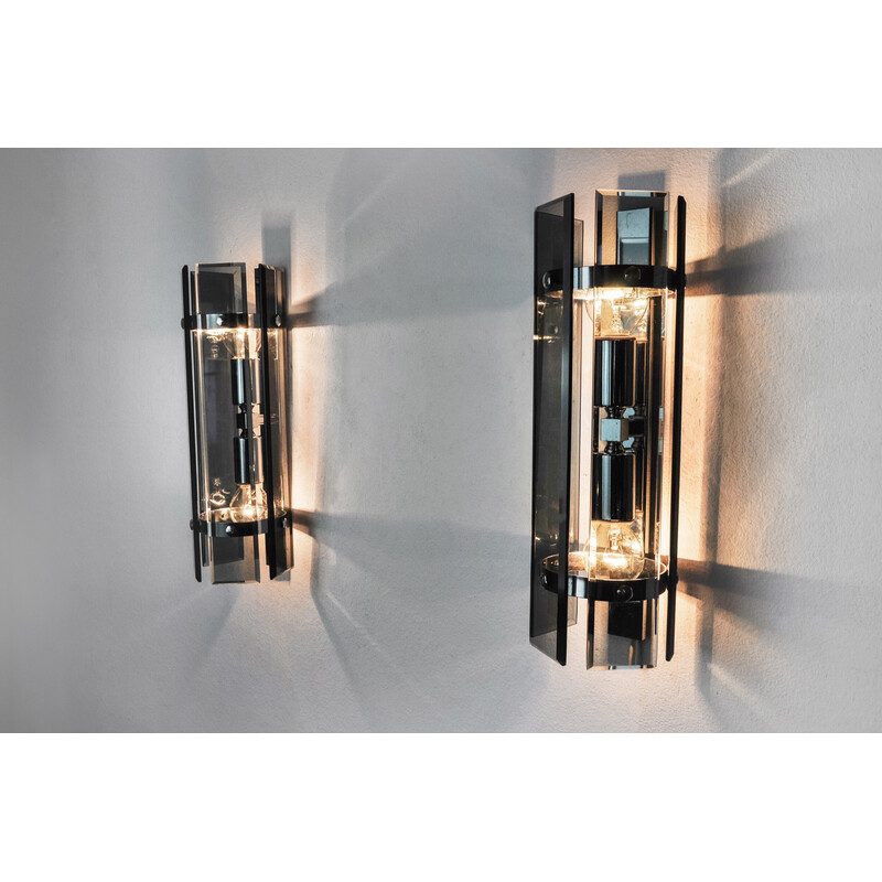 Pair of vintage Veca wall lamps in beveled glass from Murano, Italy 1970