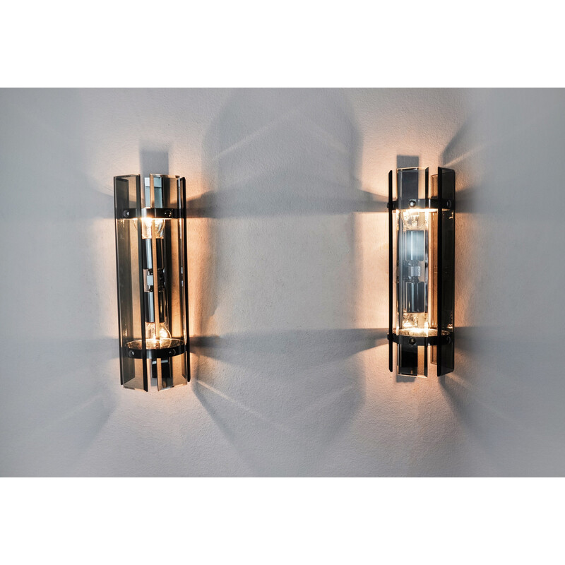 Pair of vintage Veca wall lamps in beveled glass from Murano, Italy 1970