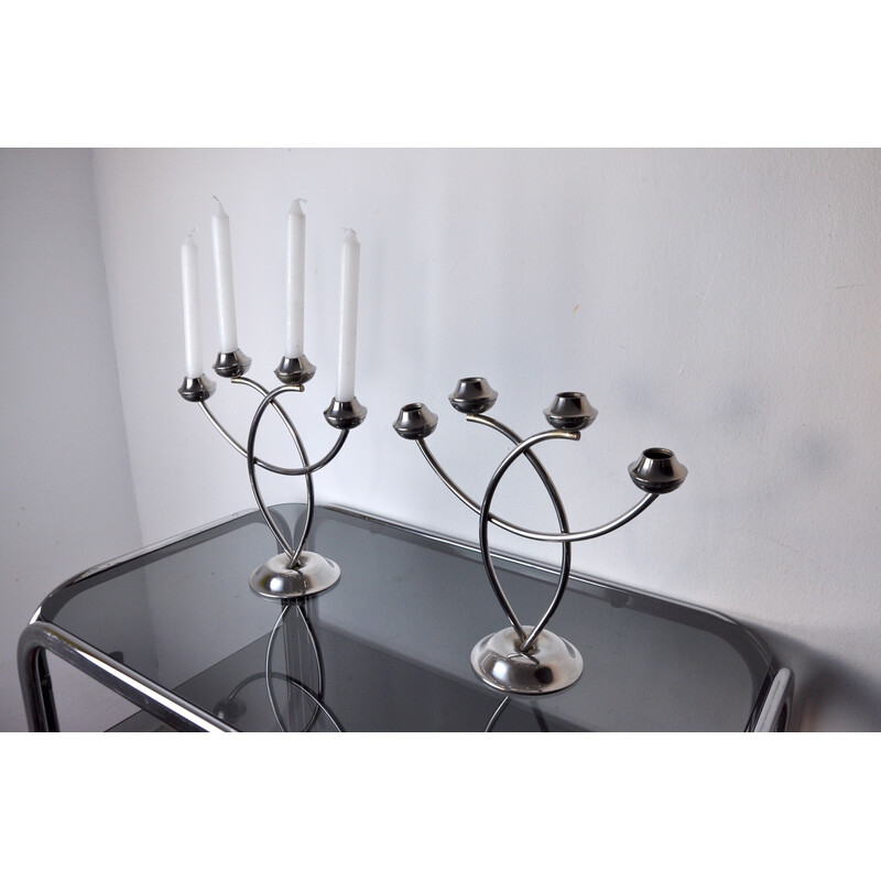 Pair of vintage Art Deco stainless steel candlesticks, Spain 1970