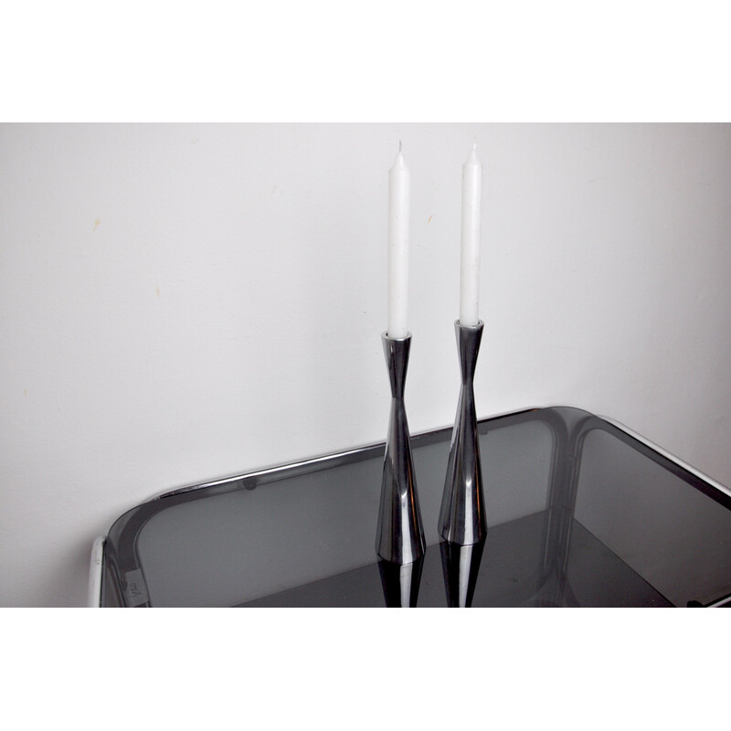 Pair of vintage Scandinavian aluminum diabolo candlesticks, Finland 1970