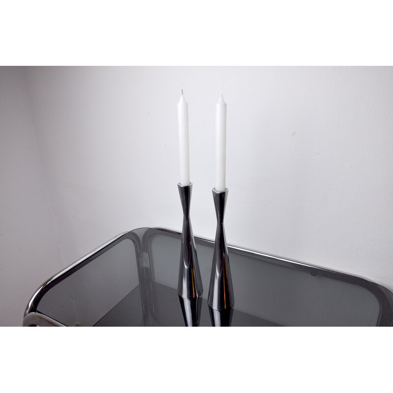 Pair of vintage Scandinavian aluminum diabolo candlesticks, Finland 1970