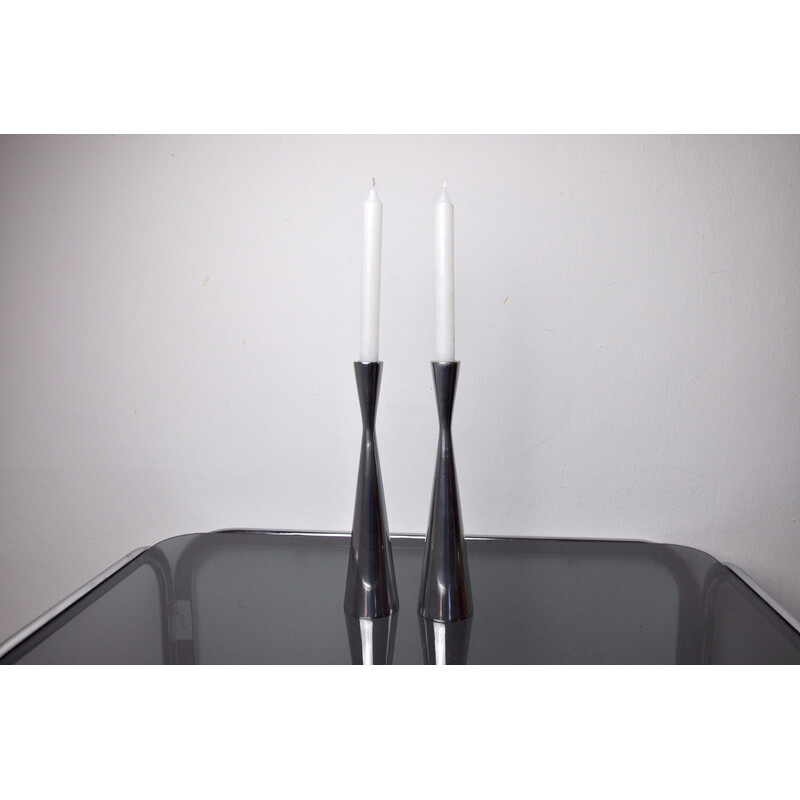 Pair of vintage Scandinavian aluminum diabolo candlesticks, Finland 1970
