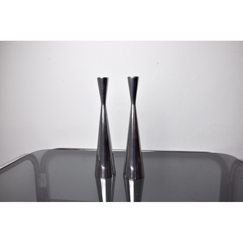 Pair of vintage Scandinavian aluminum diabolo candlesticks, Finland 1970