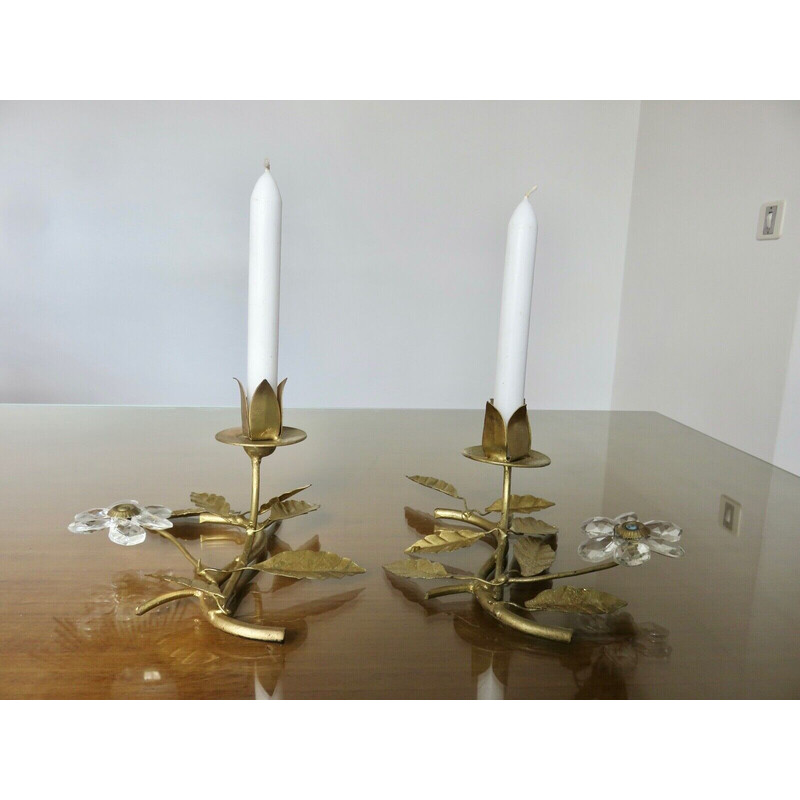 Pair of vintage candlesticks in gilt metal and pendants, France 1960