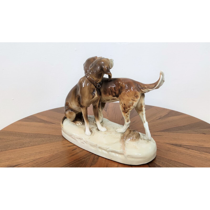 Vintage glazed ceramics statuette of hunting dogs, Czechoslovakia