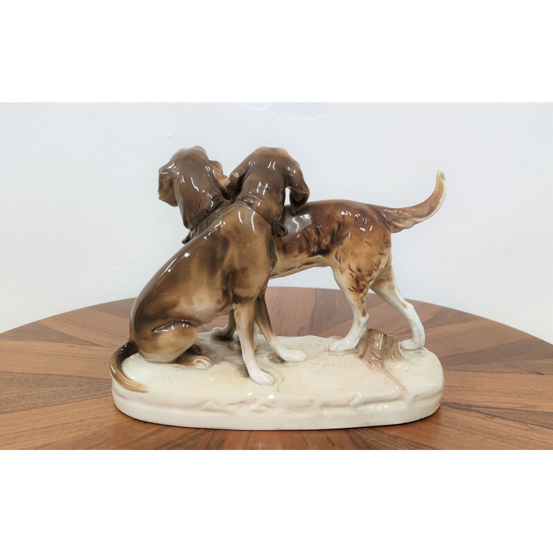 Vintage glazed ceramics statuette of hunting dogs, Czechoslovakia
