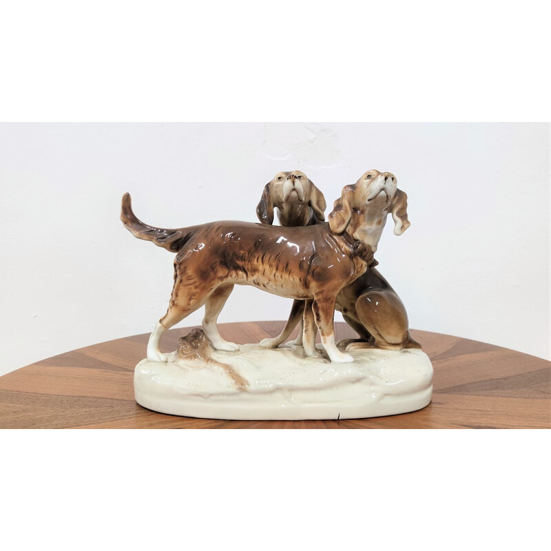 Vintage glazed ceramics statuette of hunting dogs, Czechoslovakia