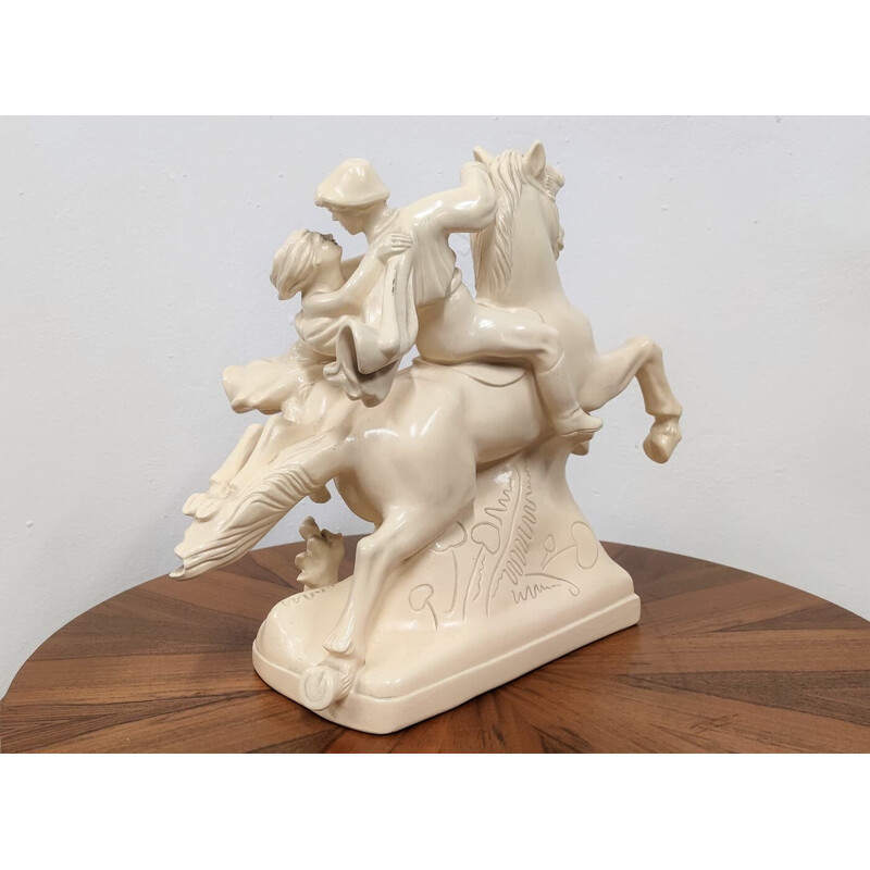 Statuette vintage en céramique représentant un cheval et des amoureux, Tchécoslovaquie