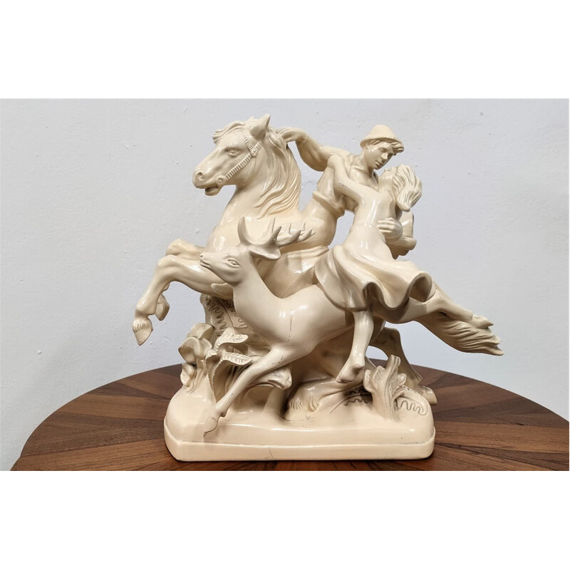 Statuetta d'epoca in ceramica con cavallo e amanti, Cecoslovacchia