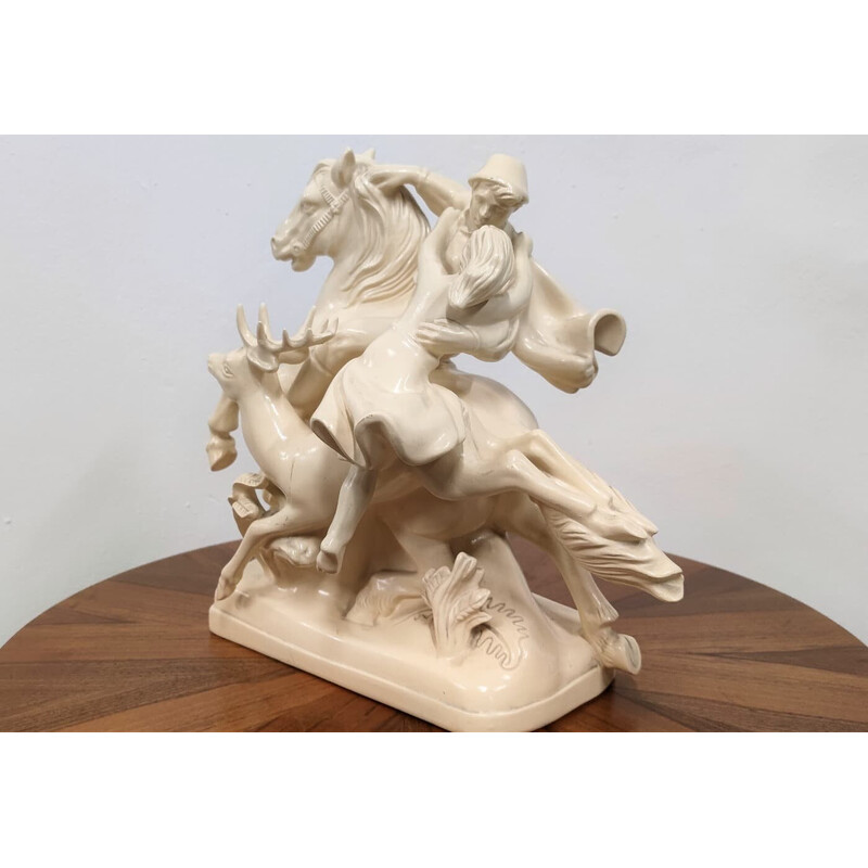 Estatuilla de cerámica vintage de un caballo y amantes, Checoslovaquia