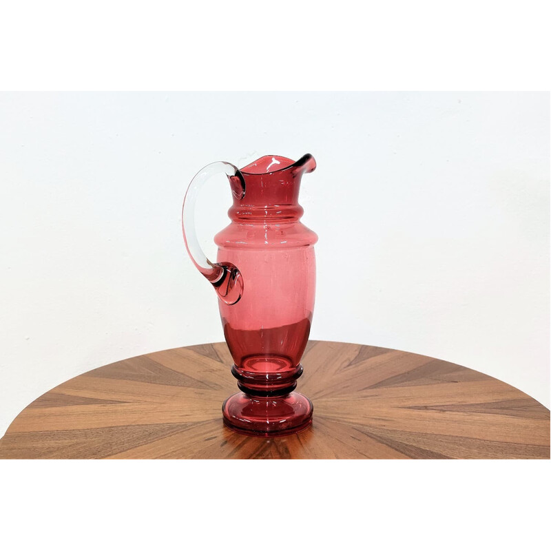 Vintage pink glass jug with white ear, Czechoslovakia 1950s