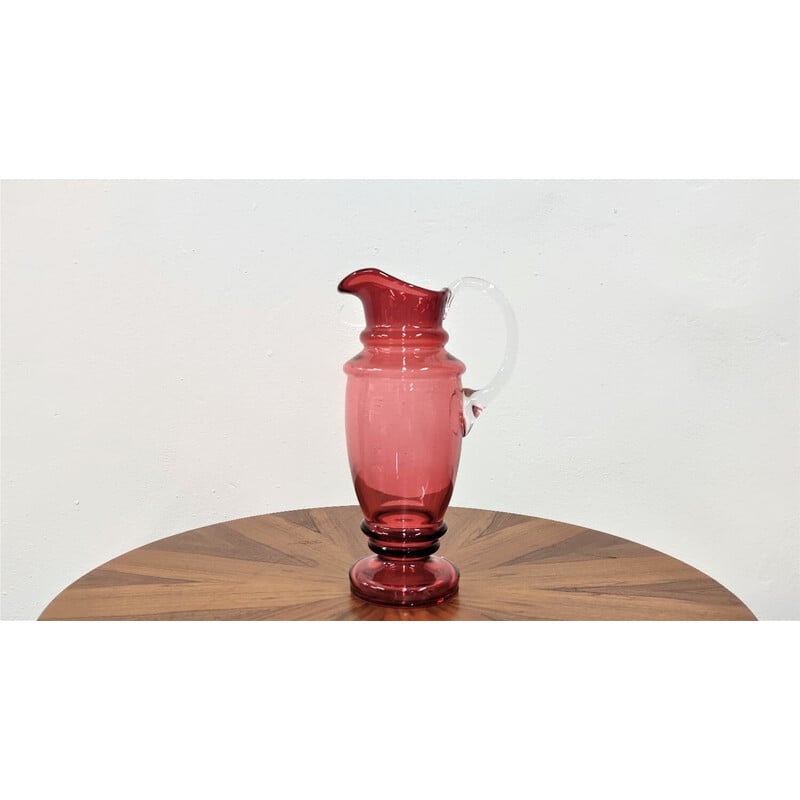 Vintage pink glass jug with white ear, Czechoslovakia 1950s