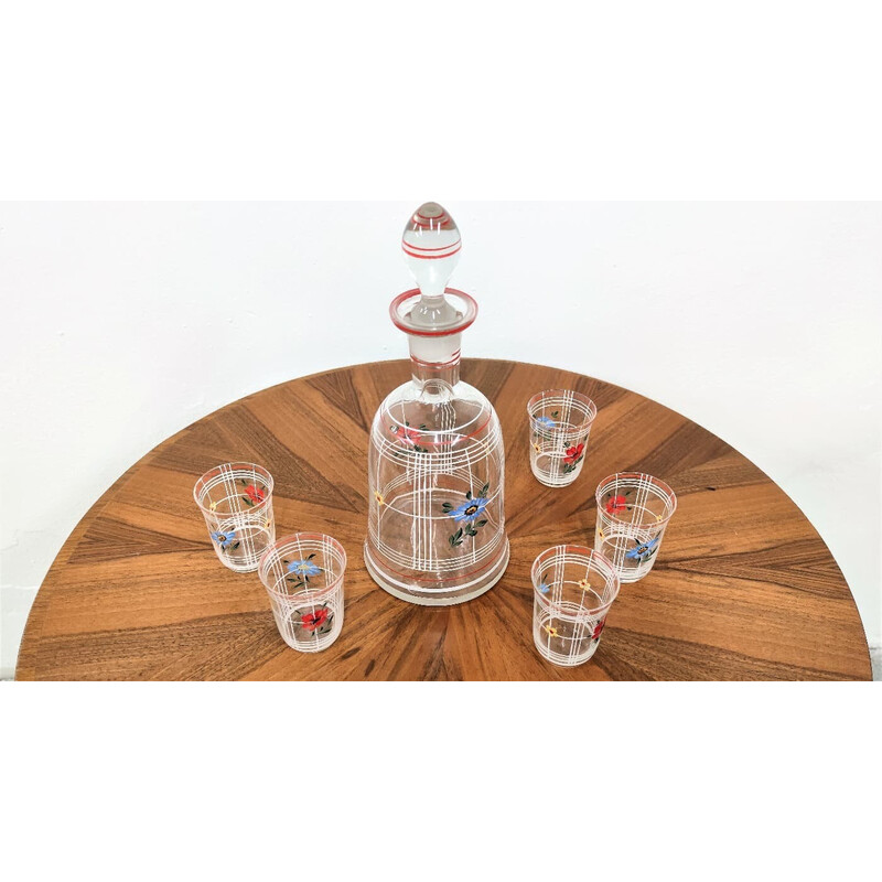 Vintage painted carafe with 5 glasses, Czechoslovakia 1930