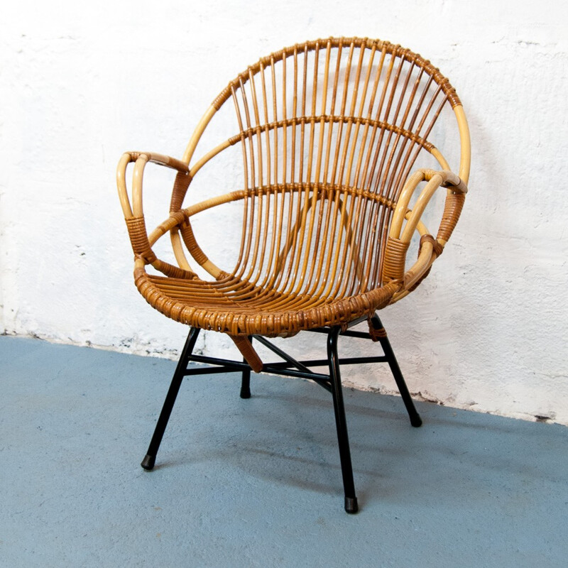 Grand fauteuil rotin et métal vintage de forme coquille - 1960