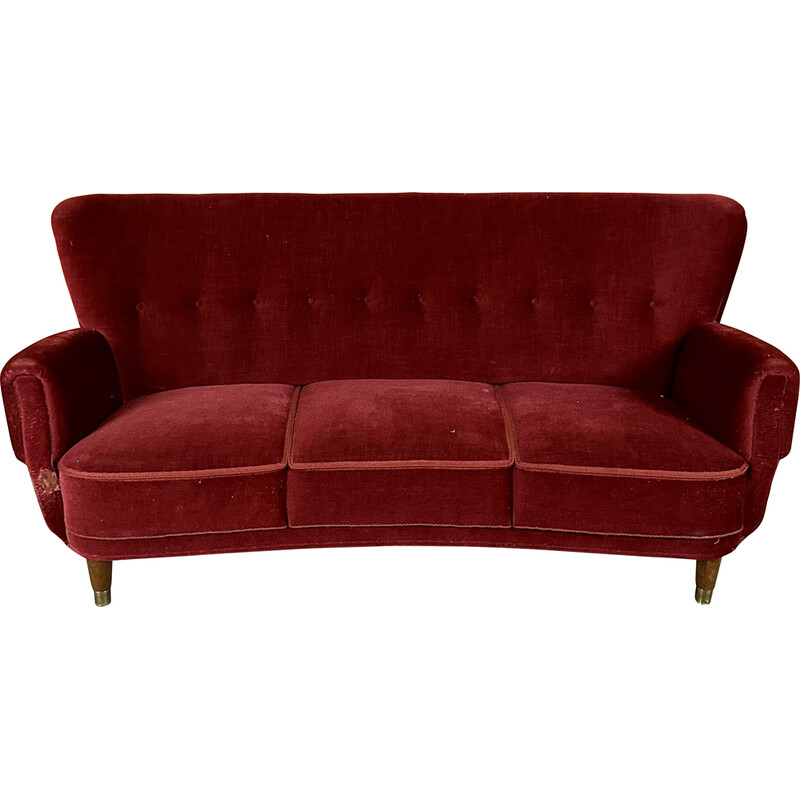 Dänisches 3-sitziges geschwungenes Sofa aus rotem Samt, 1940er Jahre