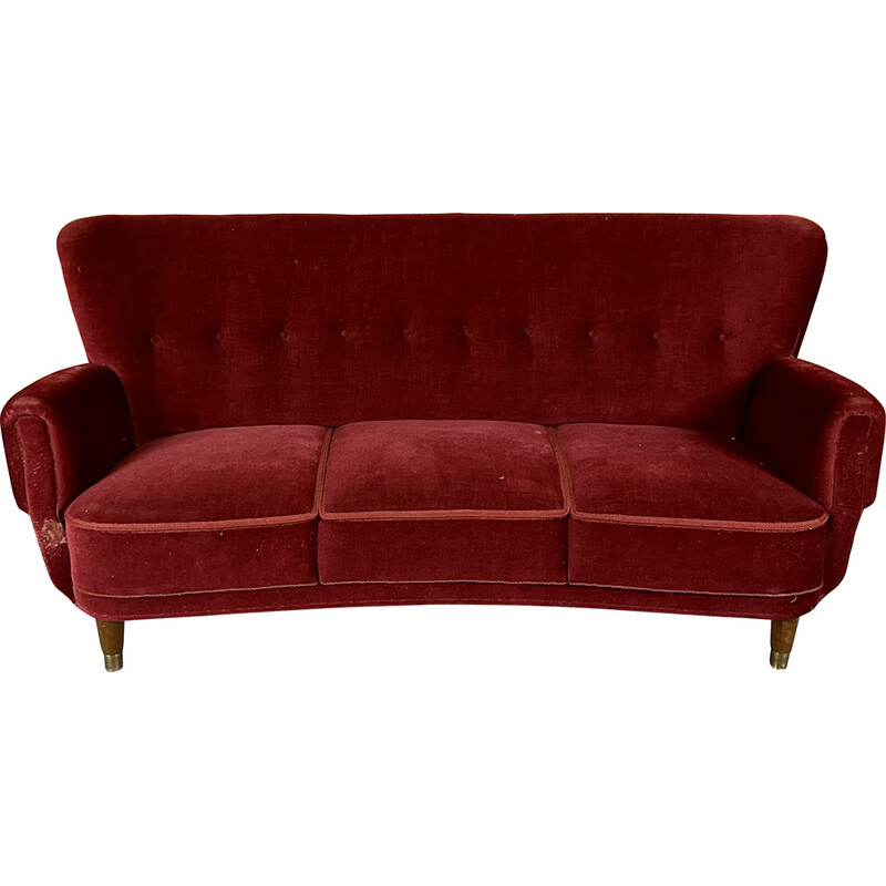 Danish vintage 3 seater red velvet curved sofa, 1940s