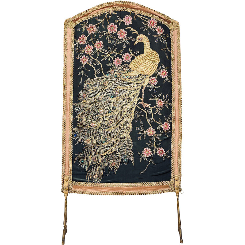 Vintage fireplace screen in metal and bead embroidery, Italy 1930-1940s