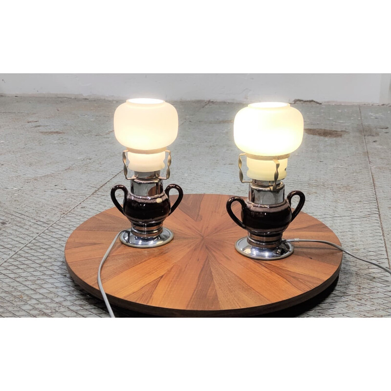 Coppia di lampade da tavolo vintage in ceramica e vetro, Bulgaria