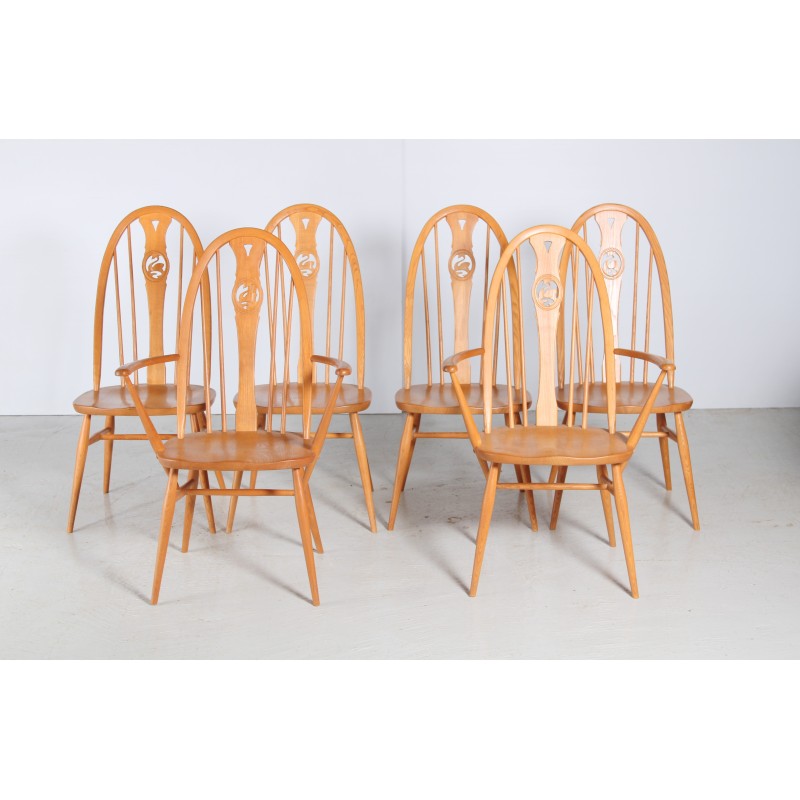 Set of 6 vintage Ercol Swan chairs in elmwood, 1970