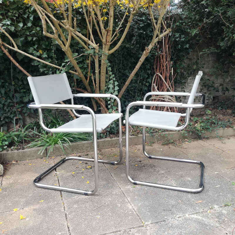 Paire de fauteuils vintage cantilever en cuir gris, Italie 1980