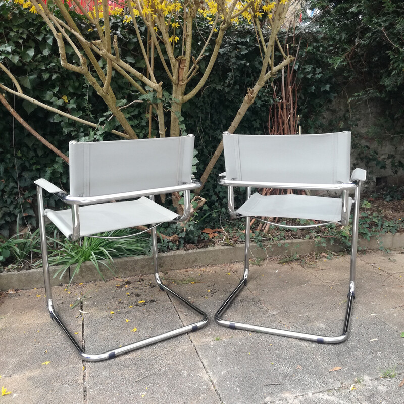 Pair of vintage cantilever armchairs in grey leather, Italy 1980