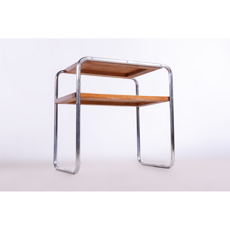Vintage Bauhaus side table in oakwood and chrome-plated steel, Czechia 1930s