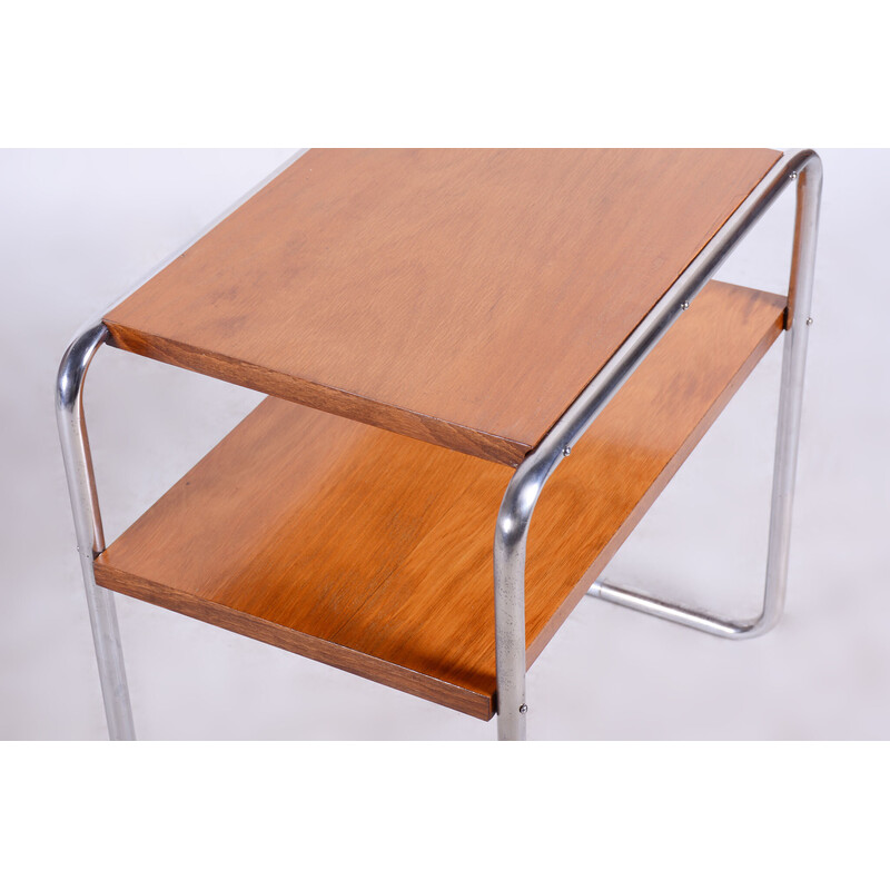Mesa auxiliar vintage Bauhaus de madera de roble y acero cromado, Chequia Años 30