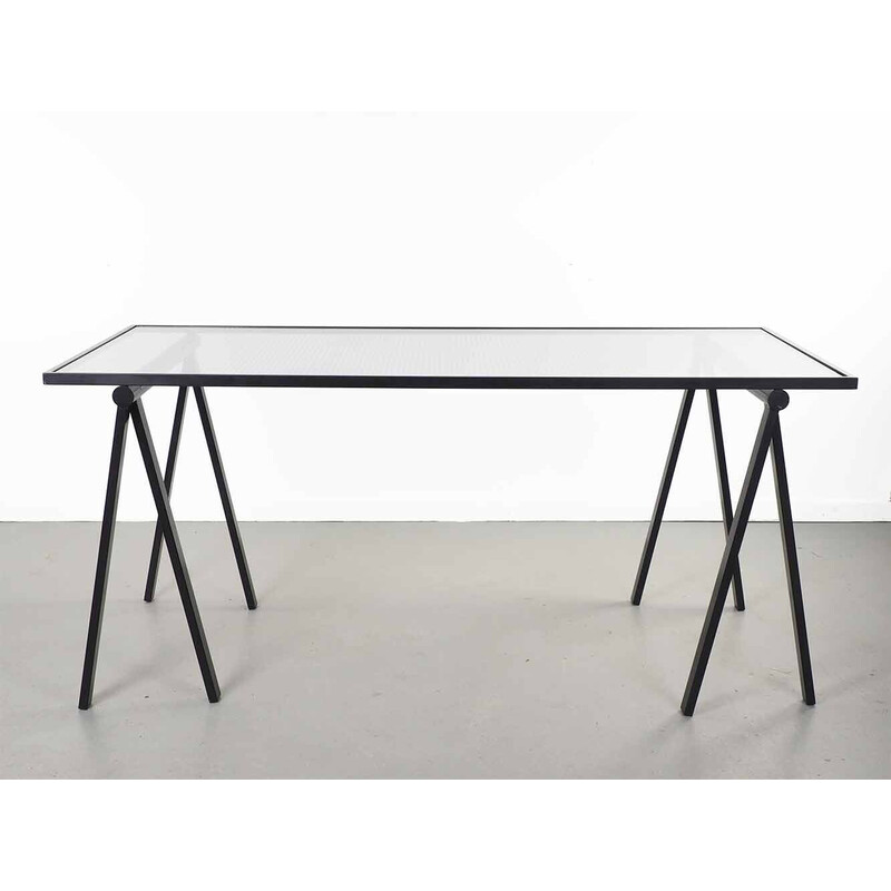 Vintage Trestle glass and steel table by Rodney Kinsman for Bieffeplast, 1970s