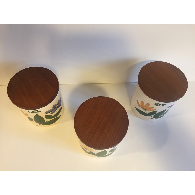 Set of 3 vintage ceramic and wood pots by Grès du Marais
