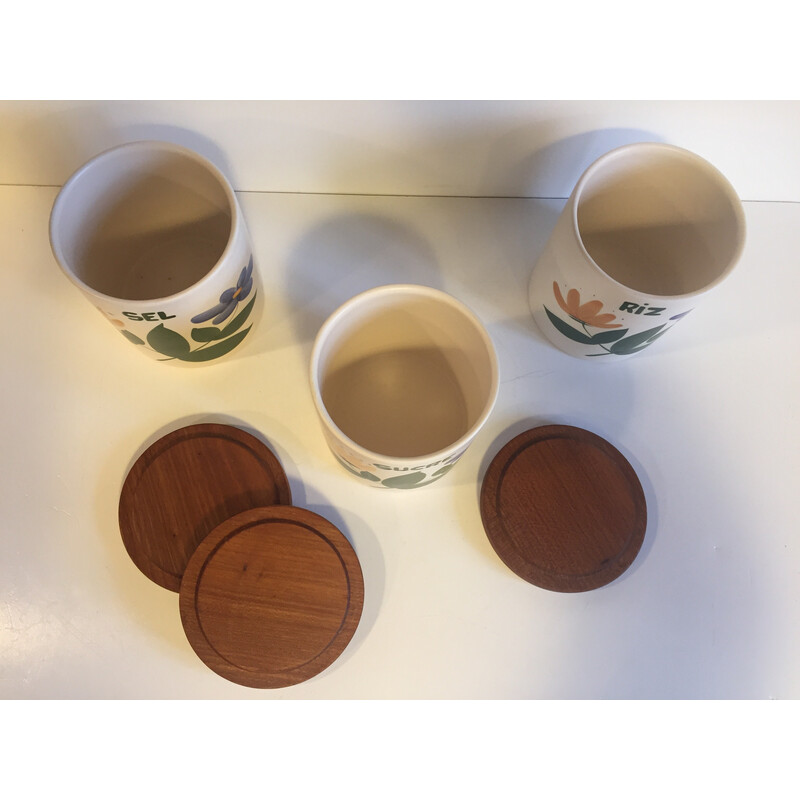Set of 3 vintage ceramic and wood pots by Grès du Marais