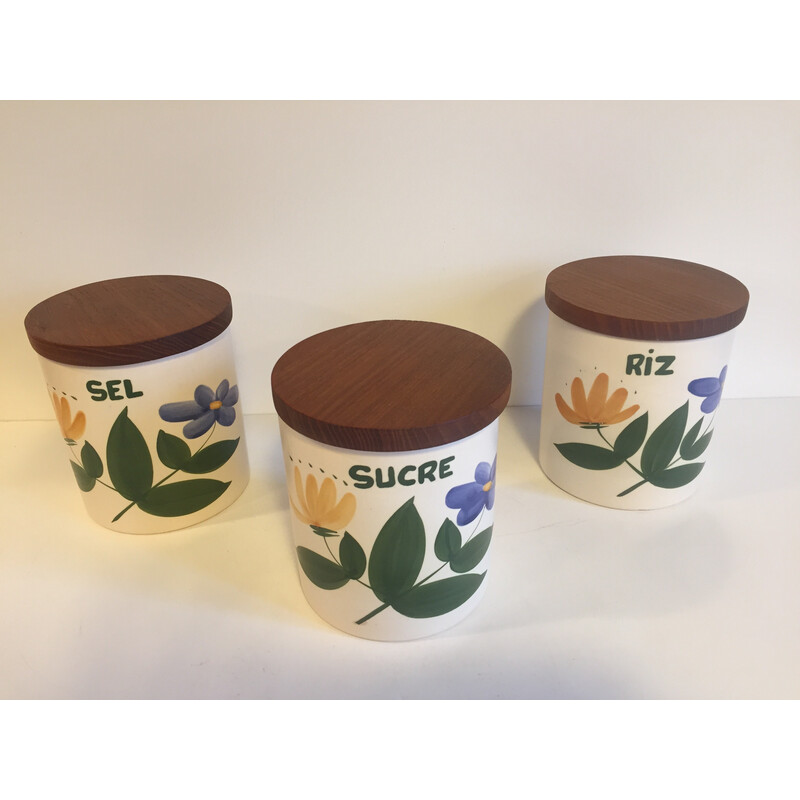 Set of 3 vintage ceramic and wood pots by Grès du Marais