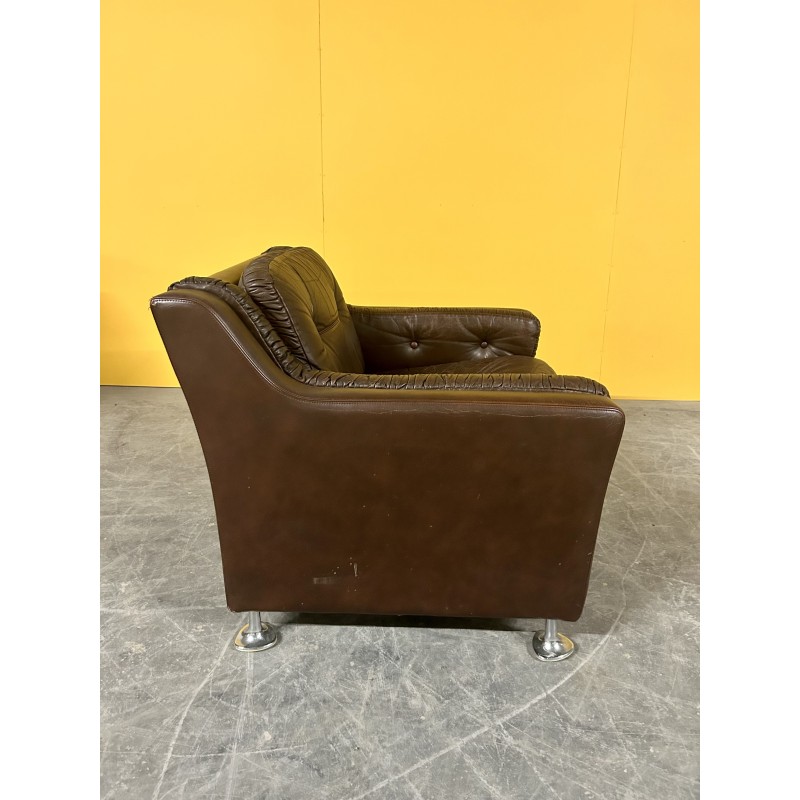 Danish vintage low back brown leather armchair, 1960s