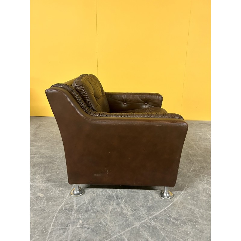 Deense vintage bruin lederen fauteuil met lage rug, 1960