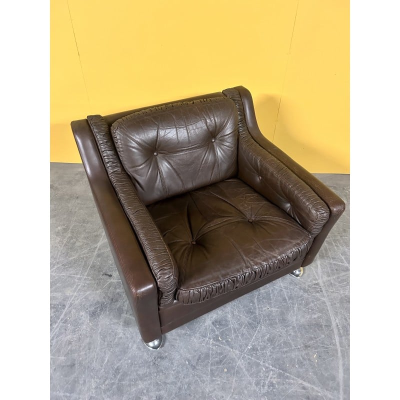 Danish vintage low back brown leather armchair, 1960s