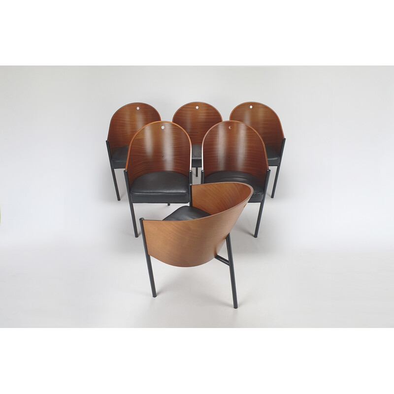 Ensemble de 4 chaises vintage en métal peint et placage d'acajou par Philippe Starck pour Driade, Italie 1980