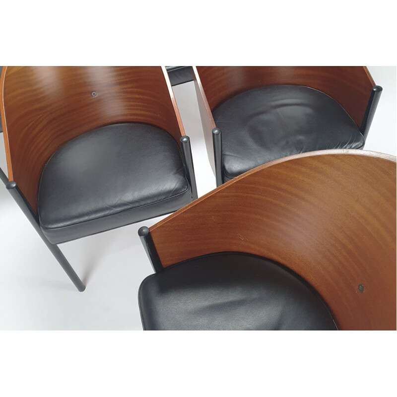 Set of 4 vintage chairs in painted metal and mahogany veneer by Philippe Starck for Driade, Italy 1980